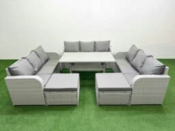 Rackhams PE Rattan Lounge Sofa Set 11 Seater Outdoor Garden Furniture Set with Rectangular Dining Table 3 Seater Sofa 2 Big Footstools Light Grey - thumbnail 1