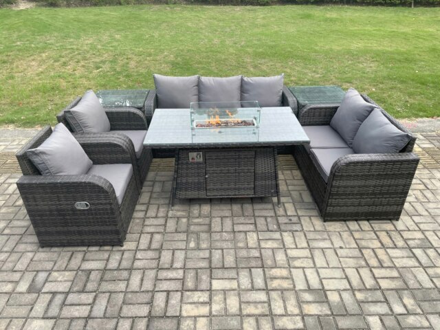 Rackhams 7 Seater PE Wicker Outdoor Rattan Garden Furniture Set Propane Gas Fire Pit Table and Sofa Chair set with 2 Side Tables - image 1