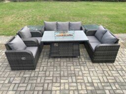 Rackhams 7 Seater PE Wicker Outdoor Rattan Garden Furniture Set Propane Gas Fire Pit Table and Sofa Chair set with 2 Side Tables - thumbnail 1