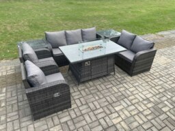 Rackhams 7 Seater PE Wicker Outdoor Rattan Garden Furniture Set Propane Gas Fire Pit Table and Sofa Chair set with 2 Side Tables - thumbnail 2