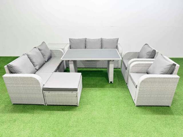 Rackhams 9 Seater Wicker PE Rattan Furniture Outdoor Dining Table 3 Seater Sofa Reclining Chair Set with Side Table Big Stool Light Grey - image 1