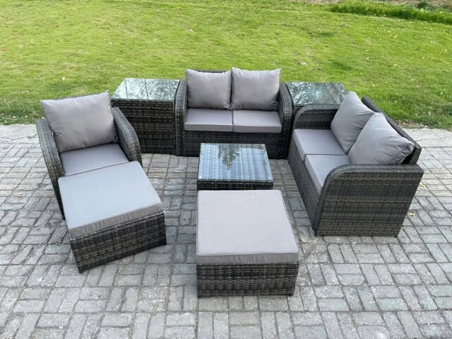 Rackhams PE Rattan Garden Furniture Sets Outdoor Love Sofa Chair Set Square Coffee Table 2 Side Tables 2 Big Footstool - image 1