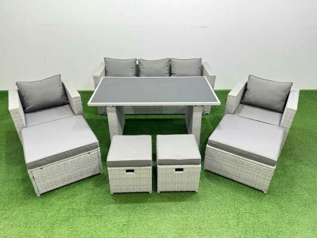 Rackhams Patio Garden Furniture Sets with Black Glass Top Dining Table Armchair 3 Seater Sofa 4 Stools Light Grey - image 1