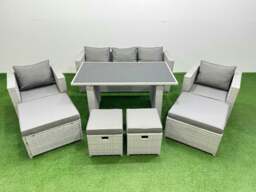 Rackhams Patio Garden Furniture Sets with Black Glass Top Dining Table Armchair 3 Seater Sofa 4 Stools Light Grey - thumbnail 1