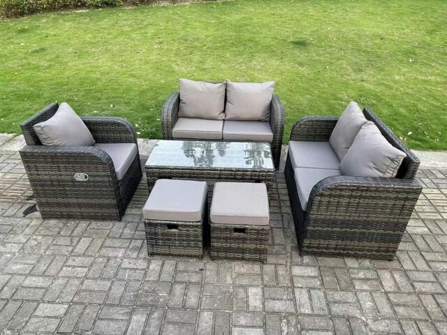 Rackhams 7-Seater Dark Grey PE Wicker Rattan Garden Sofa Set - High Back Outdoor Furniture with Reclining Chair & Oblong Coffee Table - image 1