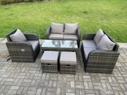 Rackhams 7-Seater Dark Grey PE Wicker Rattan Garden Sofa Set - High Back Outdoor Furniture with Reclining Chair & Oblong Coffee Table - thumbnail 1