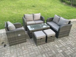 Rackhams 7-Seater Dark Grey PE Wicker Rattan Garden Sofa Set - High Back Outdoor Furniture with Reclining Chair & Oblong Coffee Table - thumbnail 2