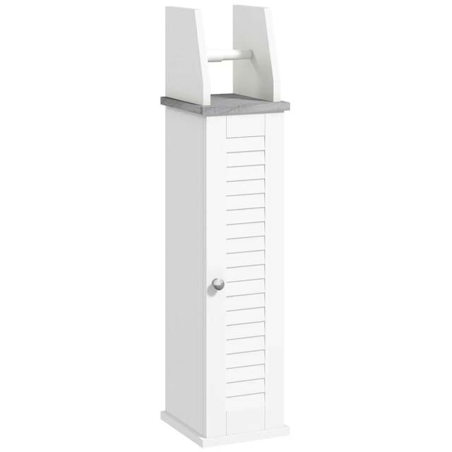 Rackhams Slim Bathroom Floor Cabinet with Cupboard, Roll Holder and Adjustable Shelf, Toilet Roll Storage Unit for Toilet Paper, Shampoo, White - image 1