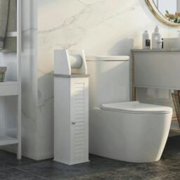 Rackhams Slim Bathroom Floor Cabinet with Cupboard, Roll Holder and Adjustable Shelf, Toilet Roll Storage Unit for Toilet Paper, Shampoo, White - thumbnail 2