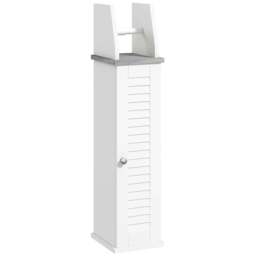 Rackhams Slim Bathroom Floor Cabinet with Cupboard, Roll Holder and Adjustable Shelf, Toilet Roll Storage Unit for Toilet Paper, Shampoo, White - thumbnail 1