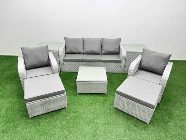Rackhams PE Rattan Garden Furniture Set Reclining Chair Sofa Lounge Sofa Set Square Coffee Table 2 Side Table 2 Big Footstool Light Grey - image 1