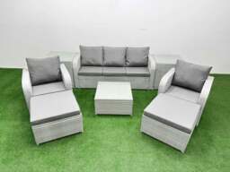 Rackhams PE Rattan Garden Furniture Set Reclining Chair Sofa Lounge Sofa Set Square Coffee Table 2 Side Table 2 Big Footstool Light Grey - thumbnail 1