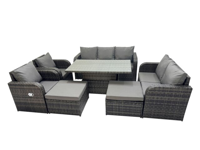 Rackhams Rattan Garden Furniture Dining Set 9 seater Patio Height Adjustable Rising Lifting Table Sofa Sets with 2 Big Footstool Dark Grey Mixed - image 1