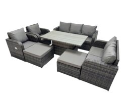 Rackhams Rattan Garden Furniture Dining Set 9 seater Patio Height Adjustable Rising Lifting Table Sofa Sets with 2 Big Footstool Dark Grey Mixed - thumbnail 2