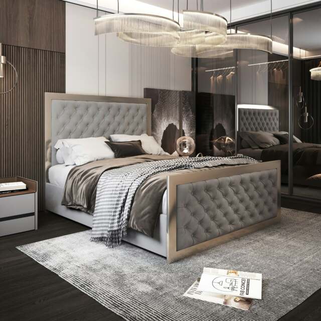 Rackhams Maddison Upholstered Soft Velvet Metal Bed Frame - Grey - Grey - Small double - image 1