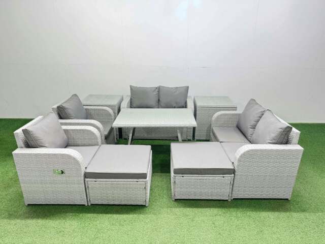 Rackhams 8 Seater Rattan Garden Furniture Set Outdoor Love Sofa Set with Rectangular Dining Table 2 Side Tables 2 Big Footstools Light Grey - image 1