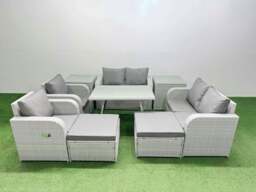 Rackhams 8 Seater Rattan Garden Furniture Set Outdoor Love Sofa Set with Rectangular Dining Table 2 Side Tables 2 Big Footstools Light Grey - thumbnail 1
