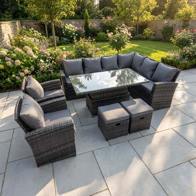 Rackhams 10 Seater Rattan Garden Furniture Corner Sofa Set with Adjustable Lifting Dining or Coffee Table & 2 Footstools - Dark Grey - image 1