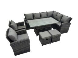 Rackhams 10 Seater Rattan Garden Furniture Corner Sofa Set with Adjustable Lifting Dining or Coffee Table & 2 Footstools - Dark Grey - thumbnail 3