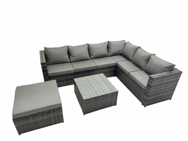 Rackhams Outdoor PE Rattan Garden Furniture Sofa Set with Square Coffee Table Big Stool Dark Grey - image 1
