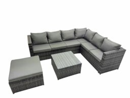 Rackhams Outdoor PE Rattan Garden Furniture Sofa Set with Square Coffee Table Big Stool Dark Grey - thumbnail 1