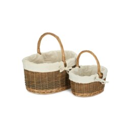 Rackhams White Cotton Lined Country Oval Wicker Shopping Basket - Set of 2