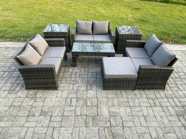 Rackhams 7-Piece Outdoor Lounge Sofa Set - Dark Grey Mixed Wicker PE Rattan Garden Furniture with Coffee Table & Big Footstool - image 1