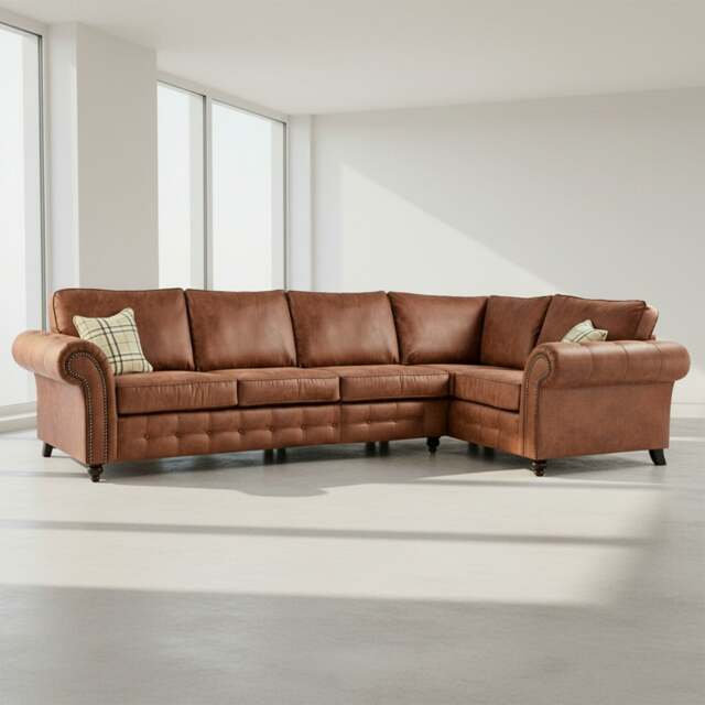Rackhams Oakland Long 5 Seater Leather Corner Sofa Chesterfield Style - Tan - Right Hand Facing - image 1