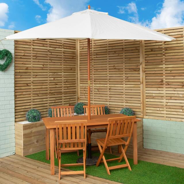 Rackhams Outdoor 6 Person Rectangular Wooden Garden Patio Dining Table Chairs with Cream Parasol and Base Set - Outdoor Furniture Sets - image 1