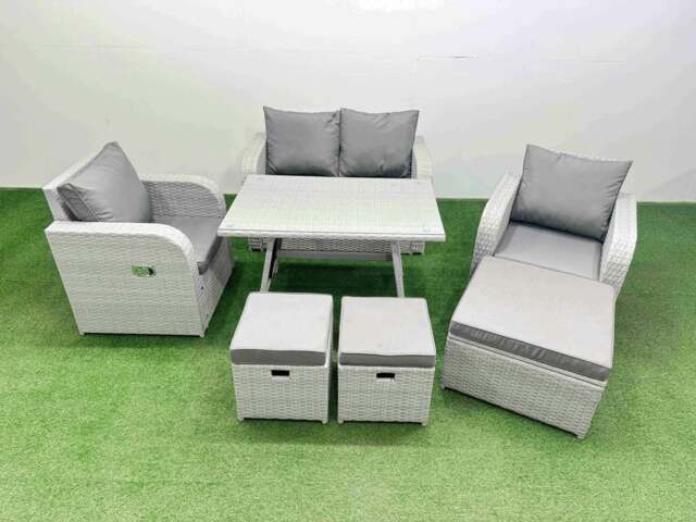 Rackhams Light Grey PE Wicker Rattan Garden Furniture Set Sofa Set Reclining Chair Love Sofa Rectangular Dining Table 3 Stools - image 1