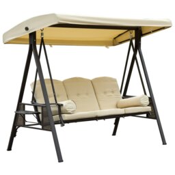 Rackhams 3 Seat Garden Swing Chair Patio Steel Swing Bench w/ Cup Trays Beige - Grey - thumbnail 2