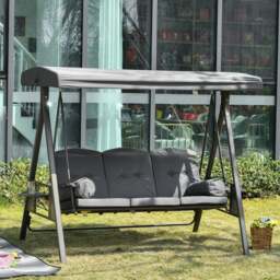 Rackhams 3 Seat Garden Swing Chair Patio Steel Swing Bench w/ Cup Trays Beige - Grey - thumbnail 1