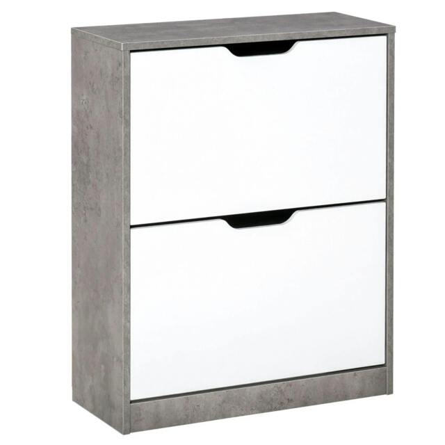 Rackhams Two Drawer Shoe Cabinet Home Storage Organiser w/ Groove Handles Adjustable Shelves Modern Boxy Rack Hallway Bedroom Furniture - Grey and White - image 1