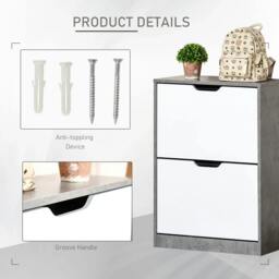 Rackhams Two Drawer Shoe Cabinet Home Storage Organiser w/ Groove Handles Adjustable Shelves Modern Boxy Rack Hallway Bedroom Furniture - Grey and White - thumbnail 5
