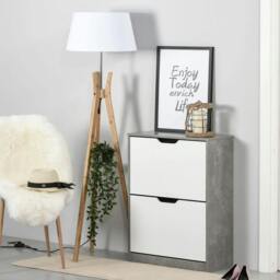 Rackhams Two Drawer Shoe Cabinet Home Storage Organiser w/ Groove Handles Adjustable Shelves Modern Boxy Rack Hallway Bedroom Furniture - Grey and White - thumbnail 2