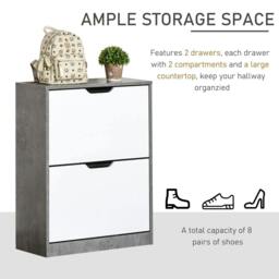 Rackhams Two Drawer Shoe Cabinet Home Storage Organiser w/ Groove Handles Adjustable Shelves Modern Boxy Rack Hallway Bedroom Furniture - Grey and White - thumbnail 4
