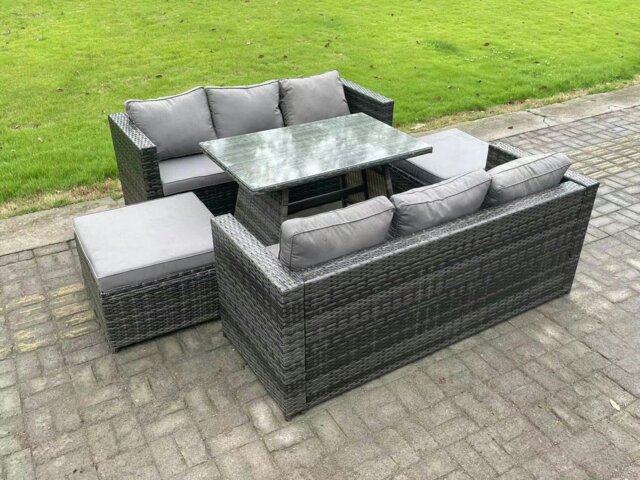 Rackhams 7 Seater Rattan Outdoor Furniture Sofa Garden Dining Set with Oblong Dining Table Big Footstool Dark Grey Mixed - image 1
