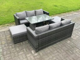 Rackhams 7 Seater Rattan Outdoor Furniture Sofa Garden Dining Set with Oblong Dining Table Big Footstool Dark Grey Mixed - thumbnail 1