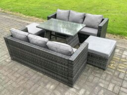 Rackhams 7 Seater Rattan Outdoor Furniture Sofa Garden Dining Set with Oblong Dining Table Big Footstool Dark Grey Mixed - thumbnail 2