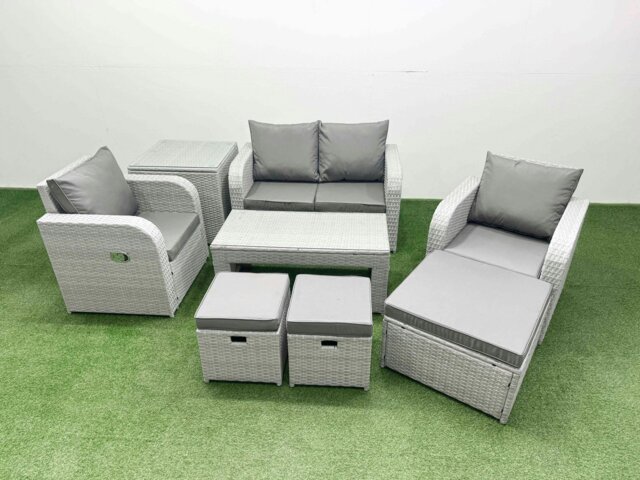 Rackhams Light Grey PE Wicker Rattan Garden Furniture Set Sofa Set Reclining Adjustable Chair Oblong Coffee Table 7 Seater 3  Stools Side Table - image 1