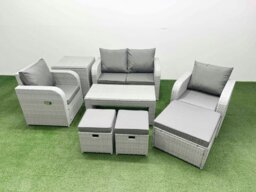 Rackhams Light Grey PE Wicker Rattan Garden Furniture Set Sofa Set Reclining Adjustable Chair Oblong Coffee Table 7 Seater 3  Stools Side Table - thumbnail 1