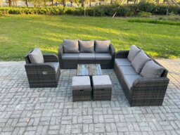 Rackhams Outdoor Rattan Garden Furniture Set Conservatory Patio Sofa Coffee Table With Reclining Chair 2 Small Footstools Dark Grey Mixed - thumbnail 2