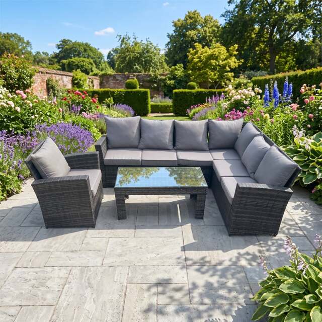 Rackhams 7 Seat Rattan Garden Furniture Corner Sofa Set Outdoor Patio Sofa Chair Table Set with Cushions Dark Grey Mixed - image 1