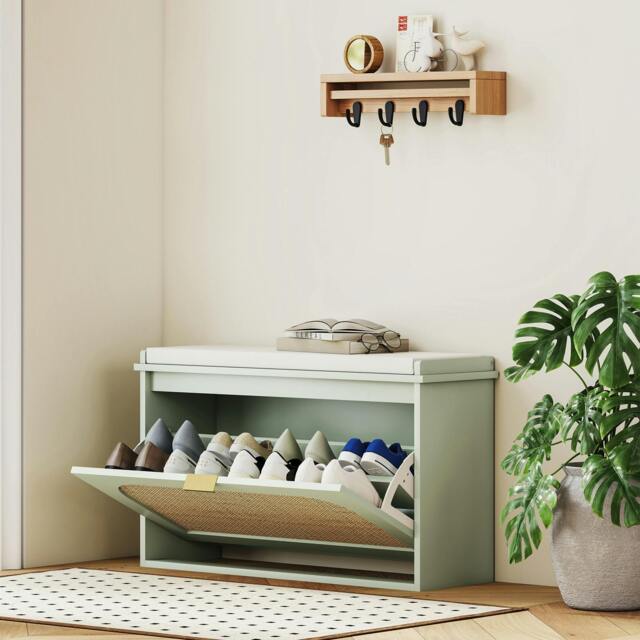 Rackhams Boho Shoe Bench with Padded Seat and Flip-Drawer, Light Green - Light Green - MDF, Particle Board, Polyester, Sponge - 1 - image 1