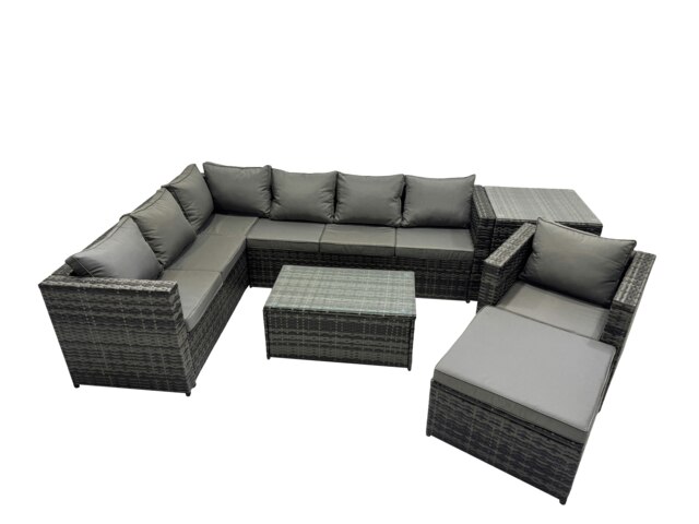 Rackhams Outdoor Rattan Rectangular Coffee Table Corner Sofa Sets Garden Furniture Set with Side Table Big Stool Dark Grey Mixed - image 1