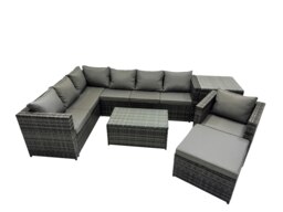 Rackhams Outdoor Rattan Rectangular Coffee Table Corner Sofa Sets Garden Furniture Set with Side Table Big Stool Dark Grey Mixed - thumbnail 1