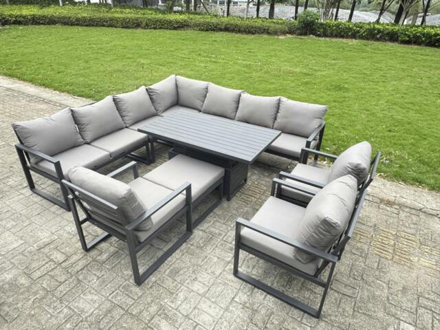 Rackhams 11 Seater Aluminium Outdoor Garden Furniture Set with Corner Sofa, Rising Dining Table, Footstool & 3 Chairs - Grey