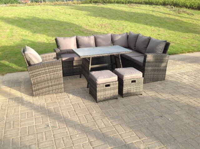Rackhams 9 Seater High Back Dark Mixed Grey Rattan Corner Sofa Set Outdoor Furniture Rectangular Dining Table 2 Footstools Chair - image 1