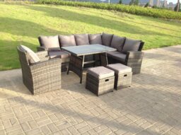 Rackhams 9 Seater High Back Dark Mixed Grey Rattan Corner Sofa Set Outdoor Furniture Rectangular Dining Table 2 Footstools Chair - thumbnail 2