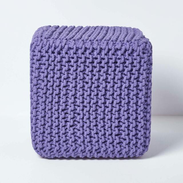 Rackhams Cube Cotton Knitted Pouffe Footstool Bean Filled Hand Knitted - Purple - image 1